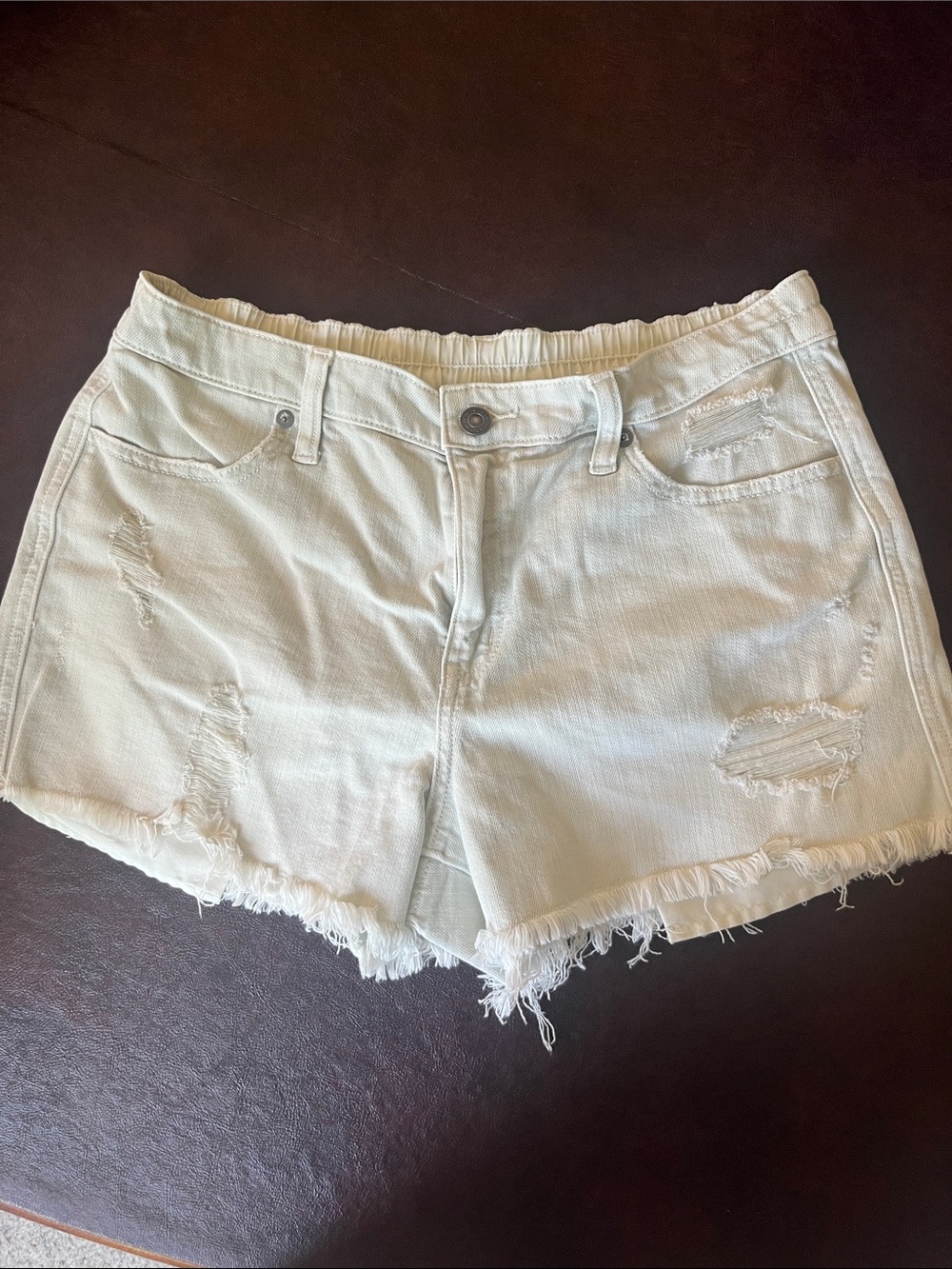aerie Cream Distressed Denim Shorts
